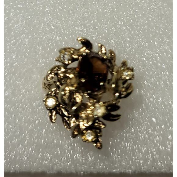 Vintage 18KT HGE Cocktail Ring Brown Oval Cut Glass Stone and Clear Glass Stones - Picture 4 of 11